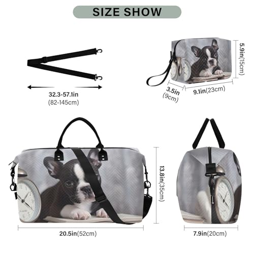Large Travel Duffel Bag, Bulldog Puppy Clock Books Sport Tote Gym Bag, Shoulder Weekender Overnight Bag for Women Men, Carry On Luggage with Toiletry Bag3