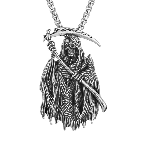 HZMAN Santa Muerte Necklace for Men Stainless Steel Gothic Grim Reaper Saint Death Sickle Skull Pendant Necklace Jewelry Gift