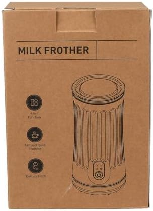 Brown cardboard box for the milk frother, showing 'MILK FROTHER' and icons for 4-in-1 function, fast frothing, and delicate froth.