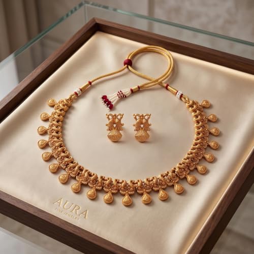 Image of Gold-Plated Antique Temple Jewellery Set for Women - Traditional Necklace with Large Peacock Pendant & Matching Jhumka Earrings | Ethnic Festive & Bridal Wear Set with Ruby & Emerald Accents