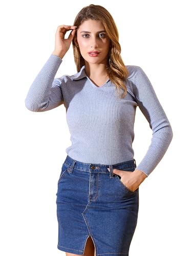 Image of 98 Degree North Women Ribbed Collar Neck Pullover-G1164-BLUEMELANGE