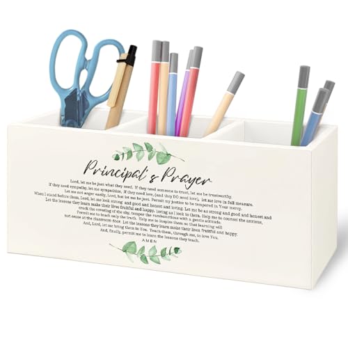 Image of Principal Gifts Wooden Pen Pencil Holder for Office Desk Accessories, Principal's Prayer Inspirational Makeup Brush Toothbrush Holder Organizer for Bathroom