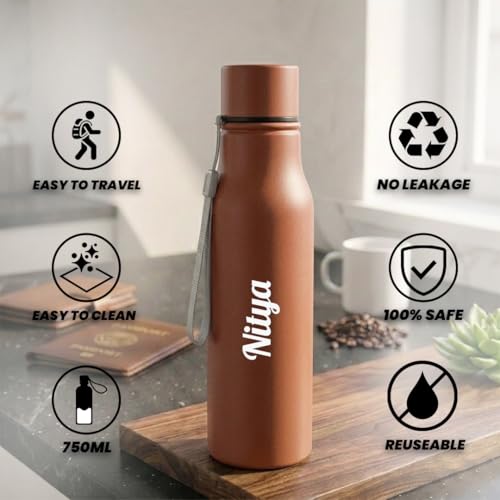 Image of Giftana Personalized Name Water Bottle 750ml, Birthday Gifts (Tan 1)