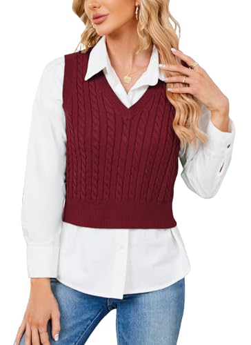 Image of HOCOSIT Women's Knitted V-Neck Vest Argyle Plaid Preppy Style Sleeveless Pullover Crop Sweater Vest