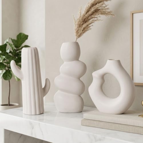 Image of Modern Ceramic Vase Set of 3 | Nordic Minimalist Donut & Abstract Design Flower Vases | Matte White Home Decor for Living Room, Table, Shelf, Office | Pampas & Dried Flower Vase