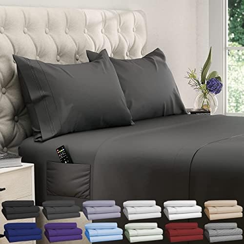 DREAMCARE Queen Sheet Set - Cooling Bed Sheets - 4pcs Set - Queen Sheets - Sheets for Queen Size Bed - Queen Size Sheets Soft & Long Lasting 100% Fine Brushed Polyester with Side Pocket - Gray