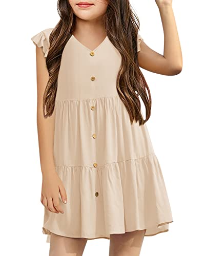 Mafulus Girls Ruffle Sleeve Dress Kids V Neck Button Down Tiered Swing A-Line Summer Beach Sundress Outfit 5-14T