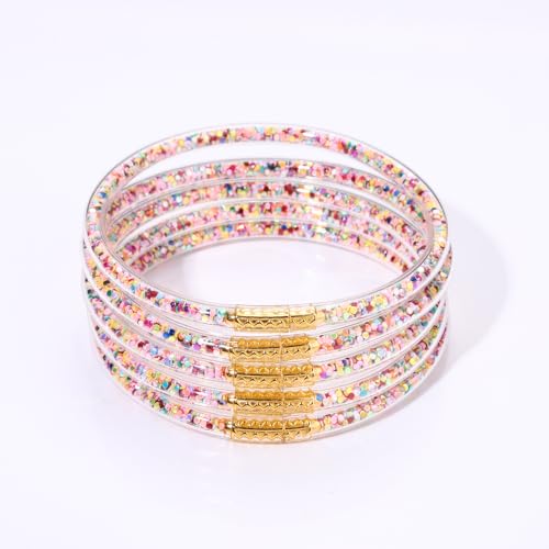 FAERLIIRY Mardi Gras Bracelets Glitter Jelly Bangles Glitter Filled Jelly Silicone Bracelets for Women Girls Bracelets Set for Buddha Girl Waterproof Purple Green Gold Bangles Set4