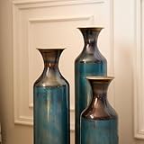 Floor Vases Decorative Tall Set of 3, Teal Blue Torch-Fired Metal Standing Vase for Decor Living Room Rustic Burnt Finish Vases for Fireplace Corner Hallway, Bedroom, Entryway