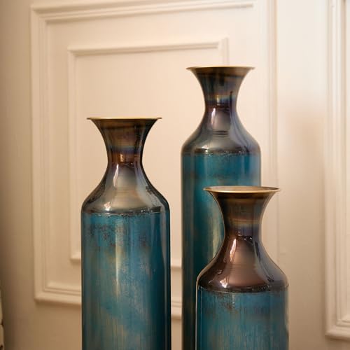 Floor Vases Decorative Tall Set of 3, Teal Blue Torch-Fired Metal Standing Vase for Decor Living Room Rustic Burnt Finish Vases for Fireplace Corner Hallway, Bedroom, Entryway