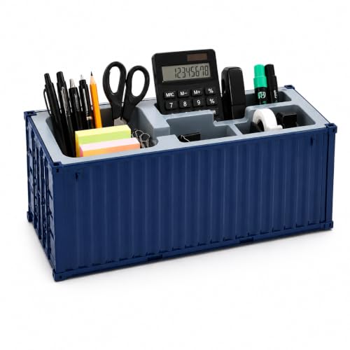 Image of Desk Organizer Office Supplies Multi Function Shipping Container Style Storage Box Pen Pencil Business Card and Remote Control Holder for Office and Home DARK BLUE 4 Section