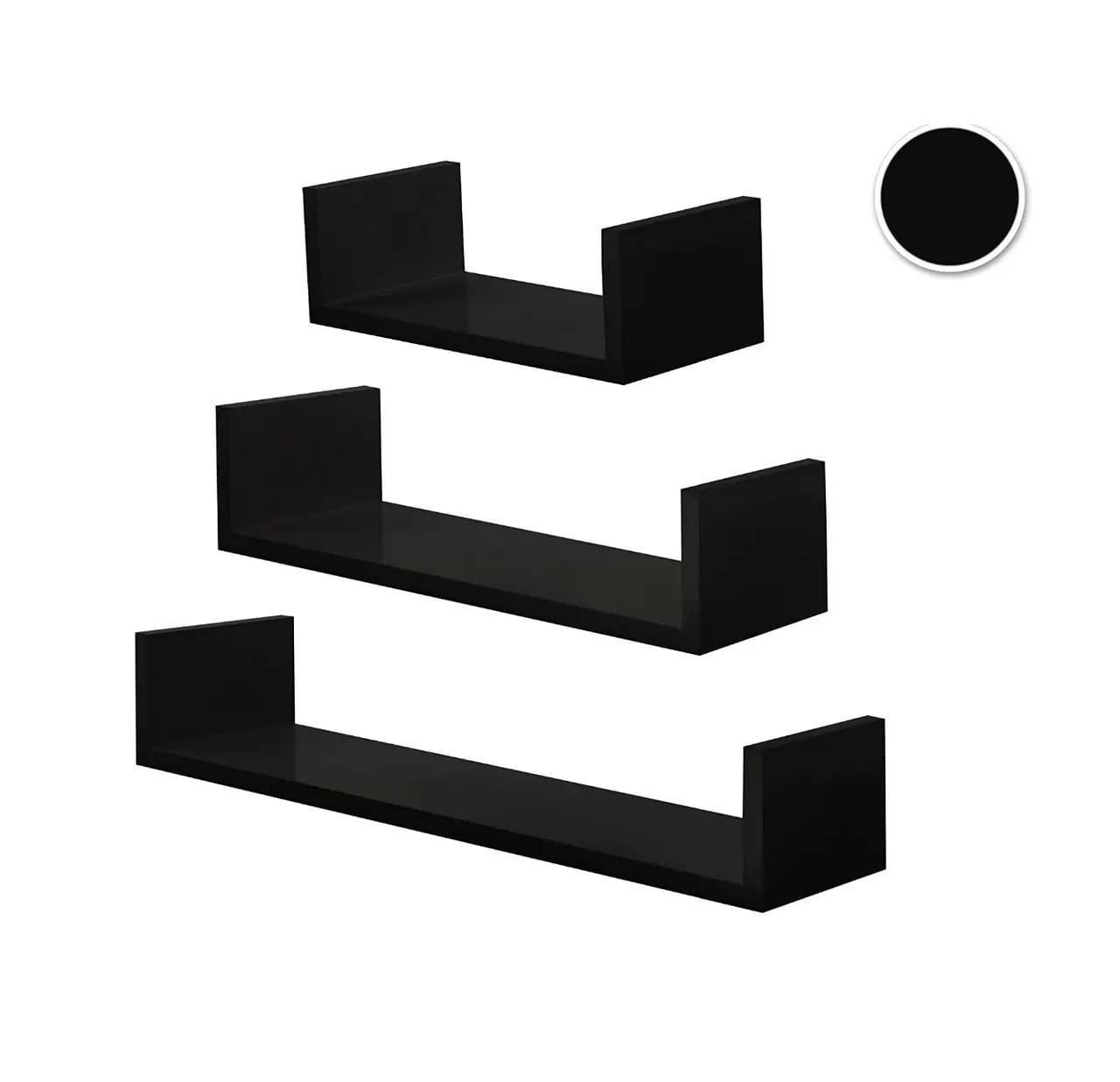 HOMION Floating Shelf Set Of 3 Different Sizes U Shape Wooden DIY Display Unit Shelves U shaped Wall Mount Shelf Living Room Kitchen Garage Caravan Camping Room Storage Shelves (Black) โ image 1