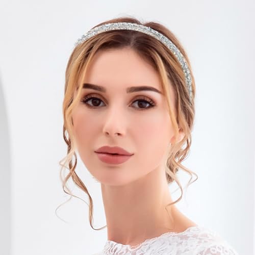 Flayem Rhinestone Headband Wedding Bridal Hair Hoop Narrow Crystal Headband Party Holiday Daily Hair Accessories for Women and Girls (White) - Image 2