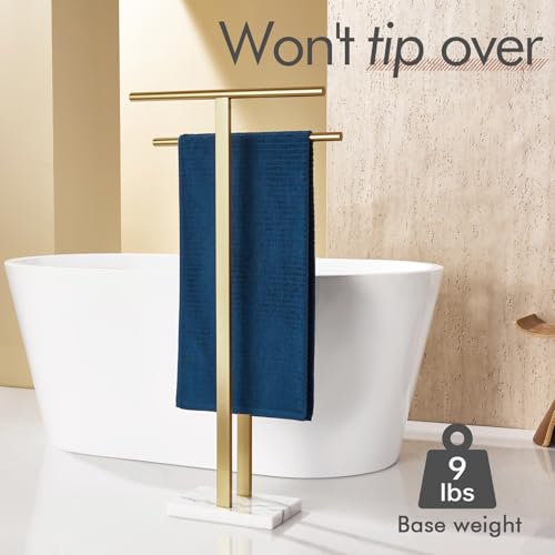 Image of KOKOSIRI Standing Towel Rack for Bathroom Floor 2-Tier Towel Holder Free Stand with Heavy Marble Base Thicken Steady Design Gold Stainless Steel THS0005-BG