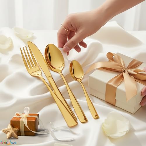 Image of Mirror Polished Gold 12 Pcs Stainless Steel Cutlery Set for Dining Table, Dishwasher Safe Glossy Flatware (3 Spoon Set + 3 Forks Set + 3 Butter Knife + 3 Dessert Spoon)