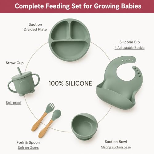 Image of Silicone Baby Feeding Set for Baby Led Weaning, 6 Months+ | 6 Pcs Sage Green Tableware Set, BPA Free Food Grade - Bowl, Divided Plate, Adjustable Bib, Cup, Spoon & Fork | Baby Gift