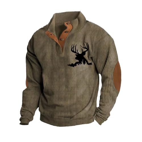 Generisch Herren Vintage Jagd Hirsch Bedruckte Henley Hemden Western Sweatshirts Langarm Fleece Stehkragen Button Down Pullover Jacke V Ausschnitt Wanderpullover Herrenpullover