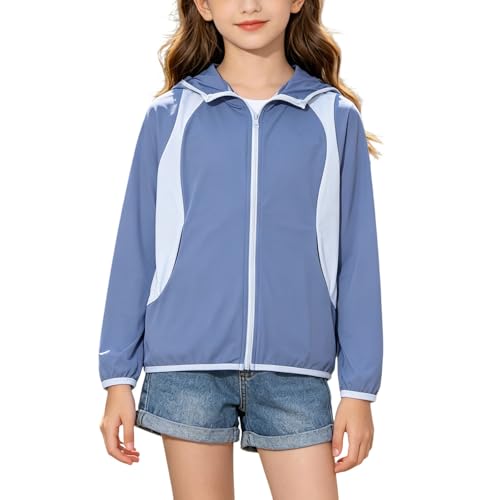 TYUSGH Chaqueta de verano para niñas, ligera, con cremallera, para adolescentes, de secado rápido, para senderismo, playa, playa, con bolsillos, azul oscuro, 9-10 años