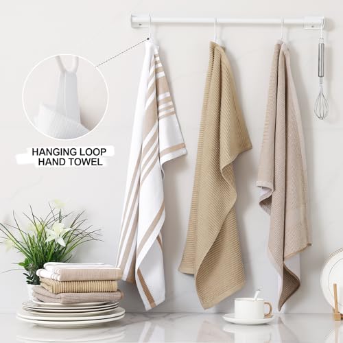 Image of Homaxy Premium Kitchen Towels(18 inchx 28 inch, 9 Pack), Large Cotton 380 GSM Kitchen Hand Towels, Soft and Absorbent Terry Dish Towels, Multipurpose Tea Towel Set with Hanging Loop, Khaki