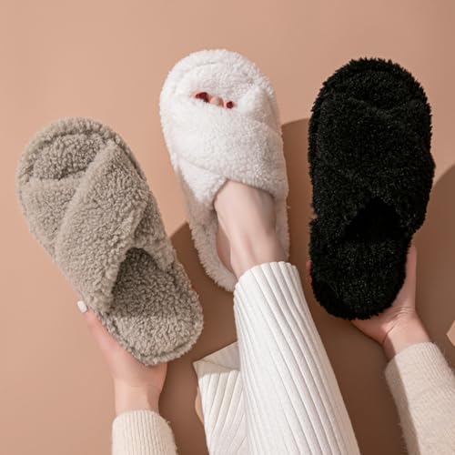 Fuzzy House Slippers for Women Memory Foam Cross-strap Open Toe Slip On Furry Bedroom Indoor Oudoor Slides Slipper Shoes3