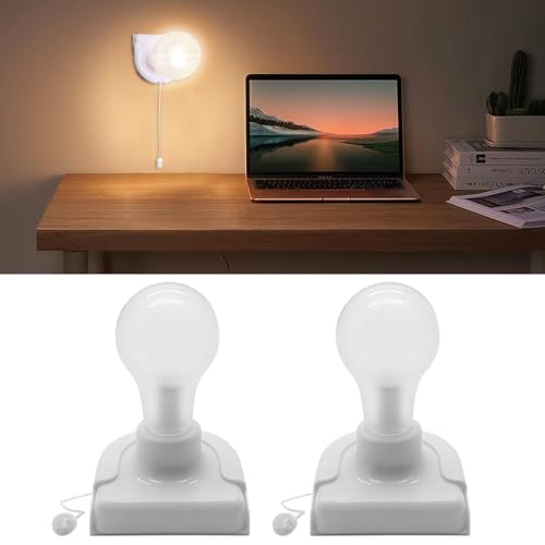 Shuwea 2 Pack Battery Operated Light Bulb, Stick-Up Battery Powered Wireless LED Closet Light Bulb, Self Adhesive Wall Light Fixture with Pull Chain for Cabinet Bedroom Kitchen, 3000K Warm White