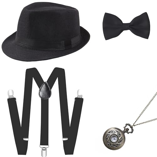 Image of BABEYOND 1920s Mens Gatsby Gangster Accessories Set Panama Hat Suspender Bow Tie