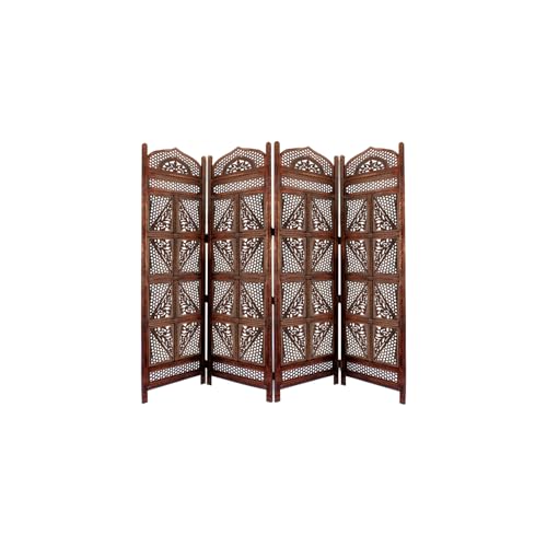 HomeStock Elegant Escape Four Panel Wooden Room Divider with Hand Carved Details Antique Brown 80 x 1 x 72 Mango Wood and MDF Construction