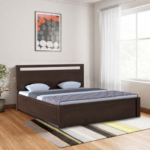 Image of SHISSO Solid Sheesham Wood Queen Size Bed with Storage Box | Wooden Queen Size Double Bed Cot Palang with Storage | Furniture for Bedroom,Home,Hotel | Jaipur Design | Walnut Finish