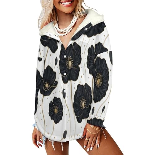 Veste polaire boutons femme coquelicot chic avec doublure en peluche et fleurs minimalistes