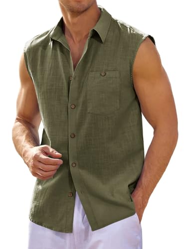 Runcati Leinenhemd Herren Ärmellos Umlegekragen Hemd Männer Strand Sommerhemd Freizeit Tank Top Basic Shirt Weste mit Tasche, Grün, XXL