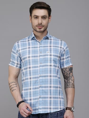 Image of Majestic Man Men Slim Fit Pure Cotton Checkred Half Sleeve Casual Shirt