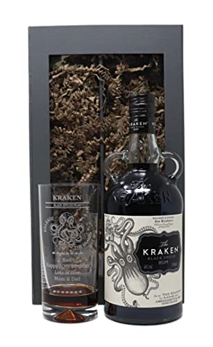 Personalised Dimple Highball Glass & Bottle - Kraken Octopus/Beast Design (Kraken Black Spiced, Presentation Gift Box)