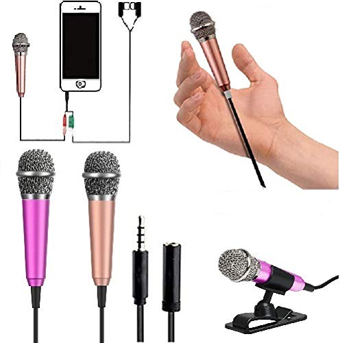 2Pcs Mini Karaoke Microphone, Tiny Portable Vocal Microphone for iPhone, Small Microphone with Mic Stand for Recording Chatting Voice and Singing(Rose Red+Rose Gold)