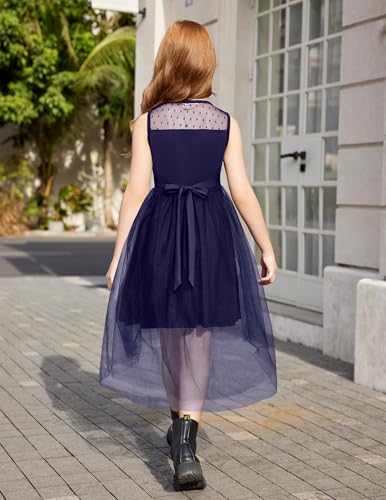 Image of Arshiner Girls Dresses Formal Party Wedding Tulle Sleeveless Contrast Mesh High Low Dress with Belt