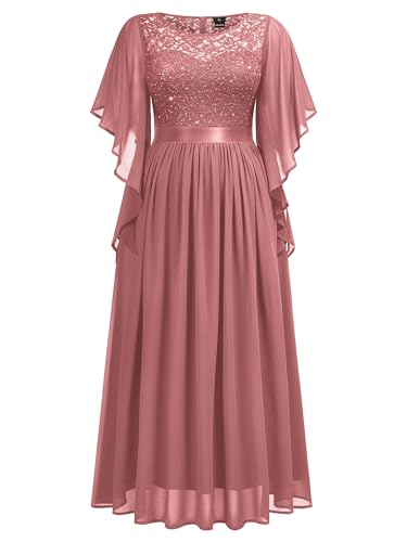 Image of Miusol Women's Plus Size Sequin Lace with Ruffle Cape Cloak Sleeves Elegant Evening Gown Wedding Guest Maxi Dress