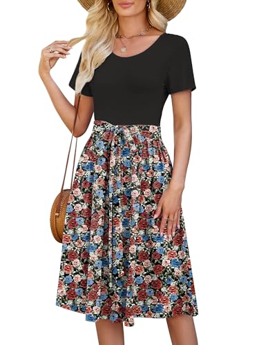 Image of Heymoments Women's Casual Short Sleeve Midi Dress Crewneck A Line Tiered Flowy Loose Travel Long Dresses with Pockets