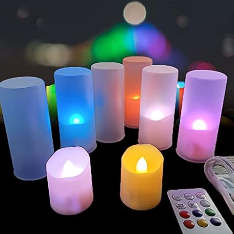 Rechargeable Tea Light Candles with Remtoe Control & Timer, 6pcs Votive Flameless Flickering Tealight Fake Candle for Wedding Party Home Christmas Decoration Seasonal & Festival Celebration (Colorful) Cover