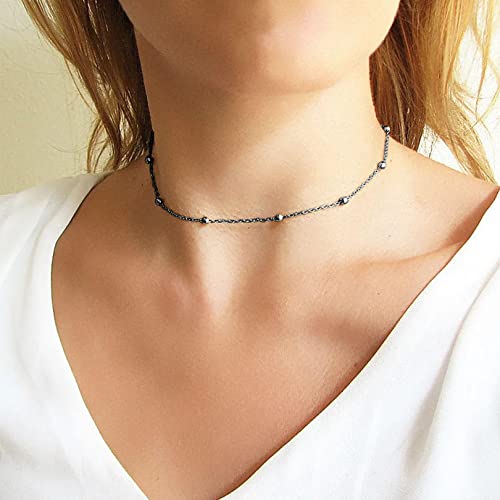 Focalook Beaded Choker Necklaces For Women Teen Girls Stainless Steel Bohemian Summer Choker Collar Chain Black Color 14-16 Inch #TOP3