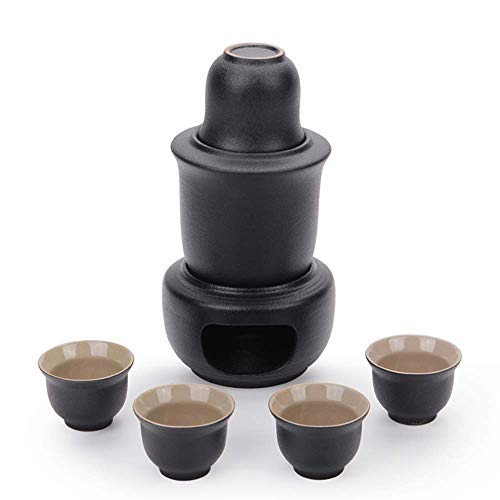 Juego de 7 copas japonesas de cerámica negras con calentador