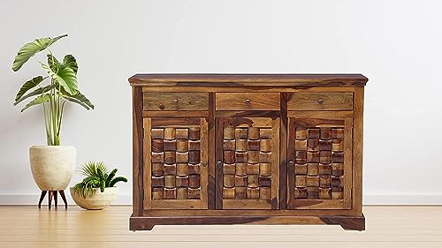Image of Solid Sheesham Wood Multipurpose Sideboard Storage Cabinet with 3 Drawers & 3 Door for Home and Living Room Furniture (P. Teak)