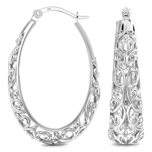 LeCalla 925 Sterling Silver Hoop Earrings for Women | Women's Filigree Hoop Earrings | Antique Oxidized Openwork Mesh Filigree Cut Earring Chunky Hoops | Hypoallergenic Vintage Filigree Oval Hoop Earrings for Women4