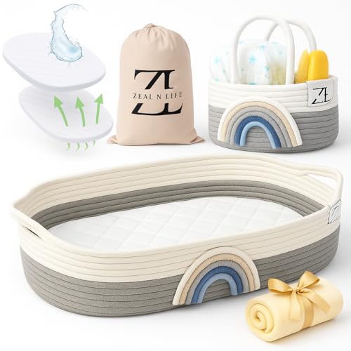 Image of ZEAL'N LIFE Baby Changing Basket w/Diaper Basket, Baby Blanket & Baby Changing Pad and Waterpoof Cover, Premium Handmade Cotton Rope Reinforced Moses Baskets Changing Table Topper (Grey)