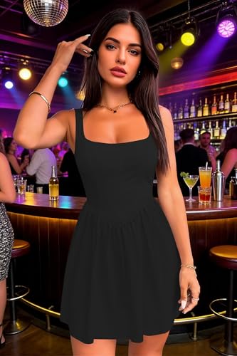 Image of Womens Square Neck Mini Dress Sexy Sleeveless Adjustable Straps Summer Cute A-Line Short Prom Cocktail Party Dresses