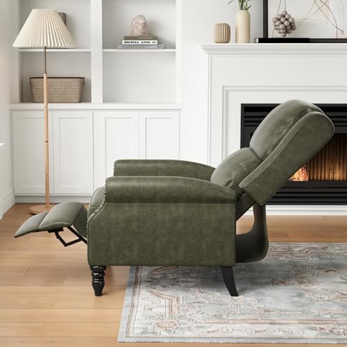 Image of Leather Recliner Chair, Pushback Recliner Chair with Adjustable Backrest Footrest, Mid Modern Reclining with Overstuffed Arms Lumbar Support for Reading, Living Room, Green