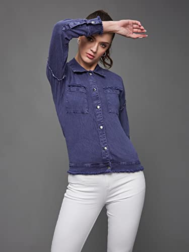 Image of Miss Chase Women's Polo Neck Full Sleeves Patch Pocket Denim Overcoat Knee-Length Jacket