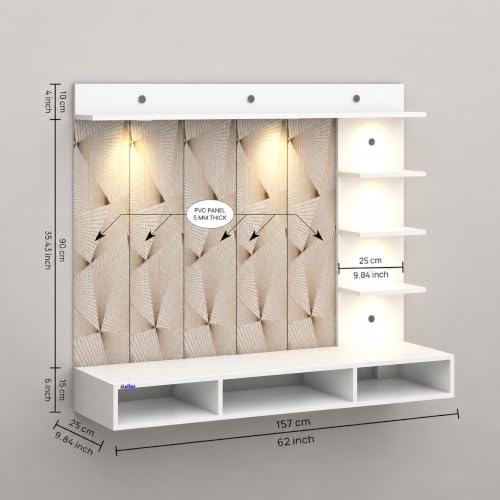 Image of Anikaa Tyron Engineered Wood Wall-Mount TV Unit with PVC Back Panel & LED Lights | TV Cabinet with Storage Box & Decorative Shelves (White) | Ideal for TVs up to 55 Inch | DIY Installation