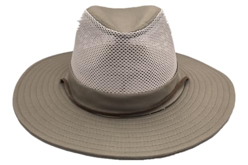 Image of Men's Flat Wide Brim Mesh Safari Outdoor Hat Panama Hat Travel Fishing Hiking with Windproof