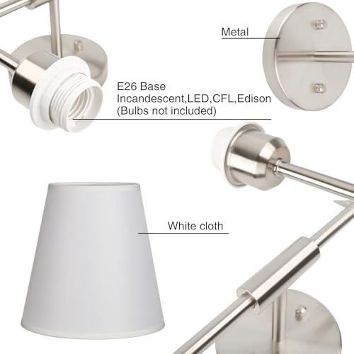 Image of PERMO Industrial Double Sconce Large 2-Lights Wall Sconce with Flared White Textile Lampshade and Brushed Nickel Finished Long Arm for Bathroom Bedroom, Hardwired Wall Sconces