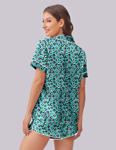 Image of Ekouaer Womens Silk Satin Pajama Set Print Short Sleeve Sleepwear Button Down Pjs Shorts Set Loungewear