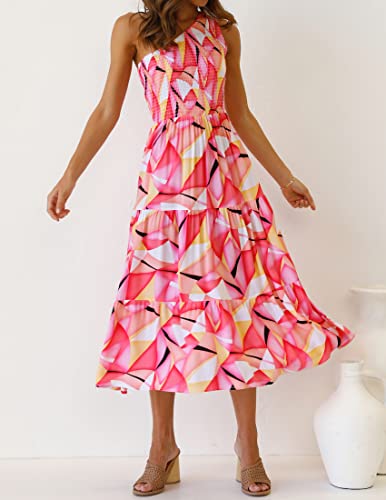 Image of ZESICA Women's 2026 Bohemian Summer Floral Print One Shoulder Sleeveless Smocked Ruffle Tiered Beach Long Midi Dress